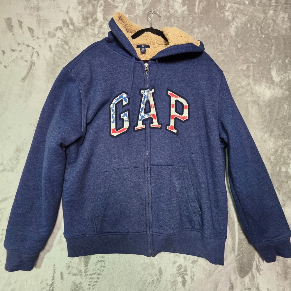 Gap Mens XL Blue Sherpa Lined Full Zip Hoodie American Flag Logo Fleece Jacket